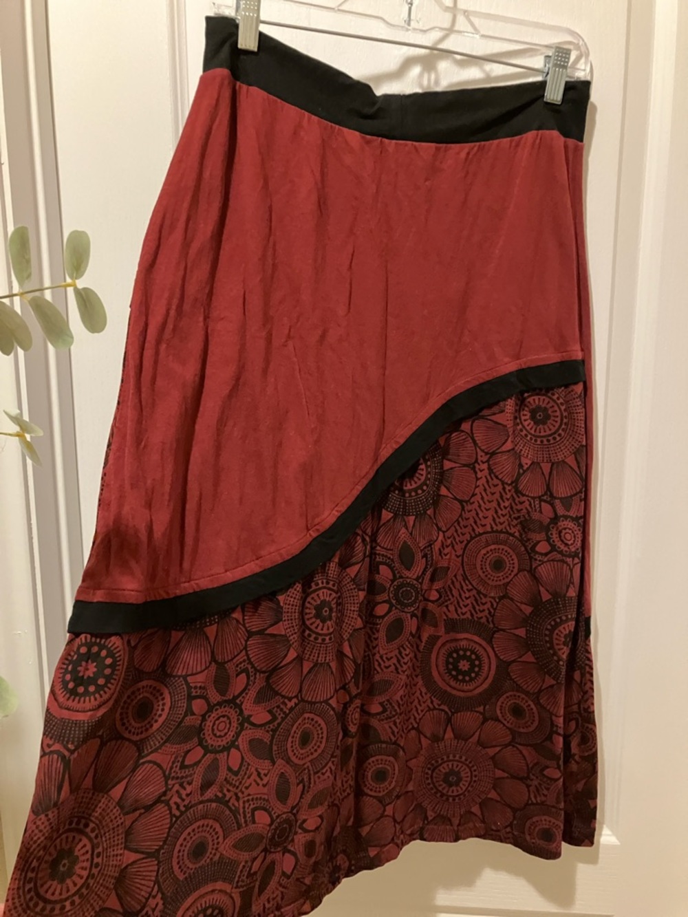 Asymmetrical Burgundy Patchwork Maxi Skirt with Black Trim - Picture 3 of 4